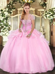 Deluxe Baby Pink Organza Lace Up Strapless Sleeveless Floor Length Sweet 16 Dresses Appliques