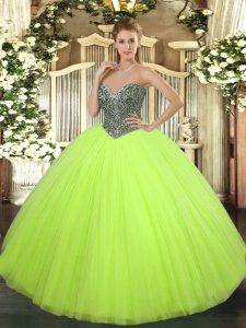 Sumptuous Yellow Green Ball Gowns Tulle Sweetheart Sleeveless Beading Floor Length Lace Up Quince Ball Gowns