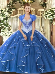 Dramatic Blue Lace Up Sweetheart Beading Quinceanera Gowns Tulle Cap Sleeves