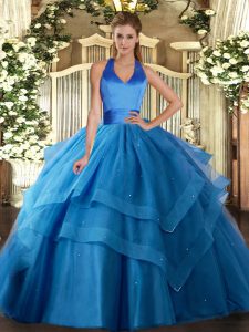 Blue Sleeveless Tulle Lace Up Sweet 16 Quinceanera Dress for Military Ball and Sweet 16 and Quinceanera