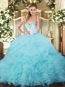 Amazing Organza Sweetheart Sleeveless Lace Up Beading and Ruffles and Pick Ups Sweet 16 Dresses in Aqua Blue