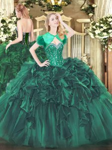 Customized Floor Length Lace Up Quinceanera Dress Dark Green for Military Ball and Sweet 16 and Quinceanera with Beading and Ruffles