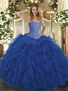 Floor Length Lace Up Quince Ball Gowns Royal Blue for Military Ball and Sweet 16 and Quinceanera with Beading and Ruffles