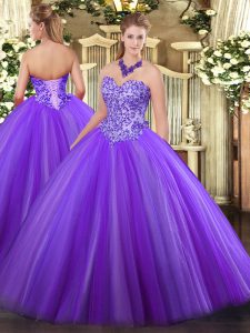 Glamorous Eggplant Purple Ball Gowns Tulle Sweetheart Sleeveless Appliques Floor Length Lace Up Sweet 16 Quinceanera Dress