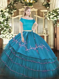 Off The Shoulder Short Sleeves Zipper Sweet 16 Quinceanera Dress Teal Organza and Taffeta