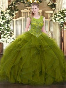 Sophisticated Olive Green Sleeveless Floor Length Beading and Ruffles Zipper 15th Birthday Dress