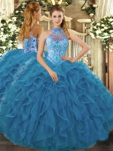 Trendy Teal Sleeveless Embroidery and Ruffles Floor Length 15th Birthday Dress