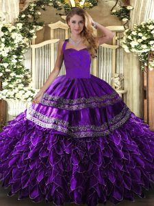 Cute Purple Sleeveless Floor Length Embroidery and Ruffles Lace Up Ball Gown Prom Dress