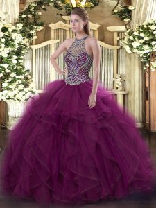 Custom Designed Floor Length Fuchsia 15 Quinceanera Dress Halter Top Sleeveless Lace Up