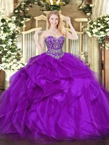 Eggplant Purple Ball Gowns Organza Sweetheart Sleeveless Beading and Ruffles Floor Length Lace Up Quince Ball Gowns