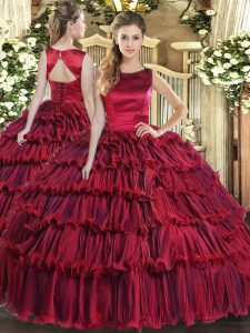 Suitable Ruffled Layers Sweet 16 Quinceanera Dress Wine Red Lace Up Sleeveless Floor Length