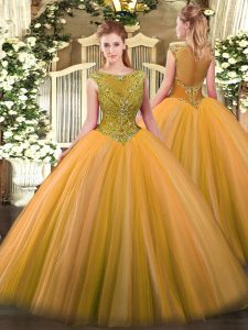 Gold Tulle Zipper Ball Gown Prom Dress Sleeveless Beading