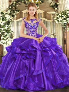 Graceful Purple Ball Gowns Scoop Cap Sleeves Organza Floor Length Lace Up Beading and Ruffles 15th Birthday Dress