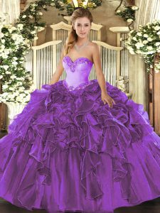 New Arrival Sleeveless Organza Floor Length Lace Up Sweet 16 Dress in Purple with Beading and Ruffles