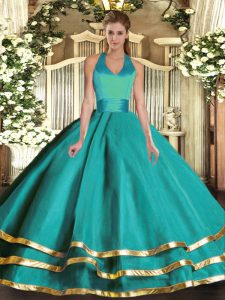 Charming Sleeveless Tulle Floor Length Lace Up 15 Quinceanera Dress in Turquoise with Ruffled Layers
