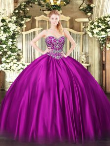 Floor Length Fuchsia Quinceanera Dresses Satin Sleeveless Beading