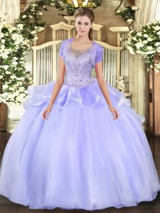 Lavender Sleeveless Floor Length Beading and Ruffles Clasp Handle Quince Ball Gowns