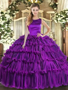 Eggplant Purple Scoop Neckline Ruffled Layers Quinceanera Dress Sleeveless Lace Up