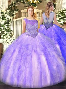 Great Lavender Scoop Neckline Beading and Ruffles Ball Gown Prom Dress Sleeveless Lace Up