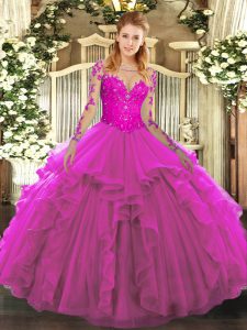 Ball Gowns Quinceanera Dress Fuchsia Scoop Tulle Long Sleeves Floor Length Lace Up