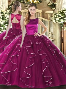 Fuchsia Ball Gowns Tulle Scoop Sleeveless Ruffles Floor Length Lace Up 15th Birthday Dress