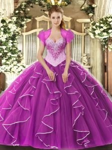 Fitting Fuchsia Ball Gowns Beading Sweet 16 Quinceanera Dress Lace Up Tulle Sleeveless Floor Length