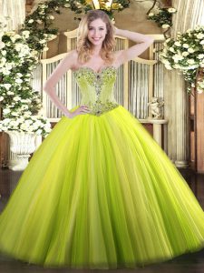 Yellow Green Tulle Lace Up Sweetheart Sleeveless Floor Length 15 Quinceanera Dress Beading