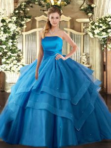 Attractive Sleeveless Floor Length Ruffled Layers Lace Up Quinceanera Dresses with Baby Blue