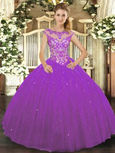 Glorious Eggplant Purple Lace Up Scoop Beading and Appliques Quinceanera Gowns Tulle Sleeveless