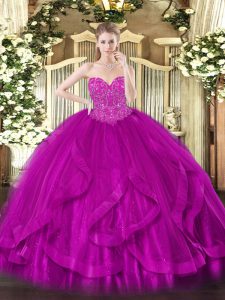 Designer Fuchsia Tulle Lace Up Sweetheart Sleeveless Floor Length Quince Ball Gowns Beading and Ruffles