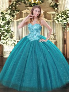 Tulle and Sequined Sweetheart Sleeveless Lace Up Appliques 15th Birthday Dress in Teal