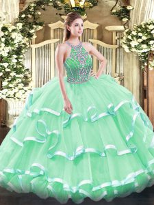 Most Popular Tulle Halter Top Sleeveless Lace Up Beading and Ruffled Layers Sweet 16 Dress in Apple Green