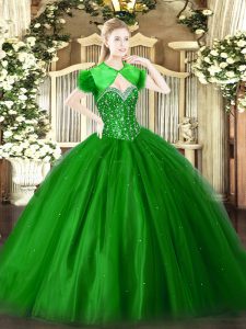 Green Lace Up Quinceanera Dress Beading Sleeveless Floor Length