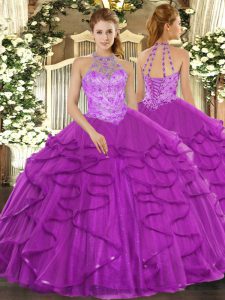 Custom Fit Halter Top Sleeveless Sweet 16 Quinceanera Dress Floor Length Beading and Ruffles Purple Organza