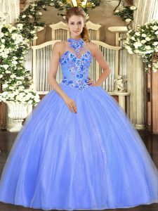 Stylish Ball Gowns Ball Gown Prom Dress Blue Halter Top Tulle Sleeveless Floor Length Lace Up