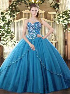 Sleeveless Tulle Brush Train Lace Up 15th Birthday Dress in Blue with Beading