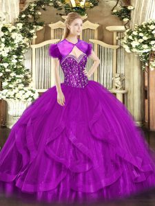 Sleeveless Lace Up Floor Length Beading and Ruffles Ball Gown Prom Dress