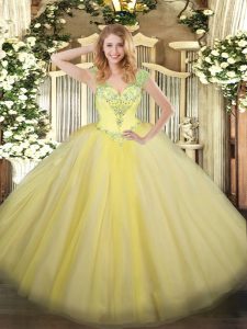 Clearance Sleeveless Floor Length Beading Lace Up Quinceanera Gowns with Light Yellow