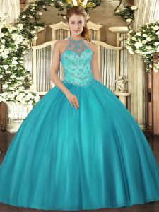 Fitting Teal Ball Gowns Halter Top Sleeveless Satin Floor Length Lace Up Beading 15th Birthday Dress