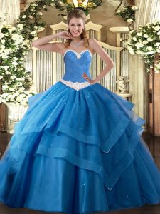 Vintage Baby Blue Ball Gowns Appliques and Ruffled Layers Sweet 16 Dress Lace Up Tulle Sleeveless Floor Length