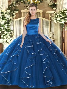 Sophisticated Blue Scoop Lace Up Ruffles Quinceanera Dresses Sleeveless