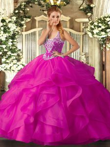 Attractive Fuchsia Ball Gowns Tulle Straps Sleeveless Beading and Ruffles Floor Length Lace Up 15th Birthday Dress