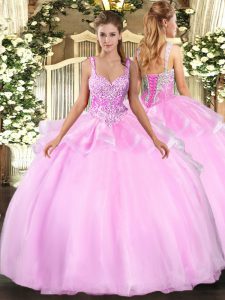 Fashion Floor Length Pink Quinceanera Dress Straps Sleeveless Lace Up