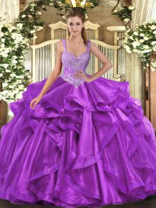 Free and Easy Eggplant Purple 15th Birthday Dress Military Ball and Sweet 16 and Quinceanera with Beading and Ruffles Straps Sleeveless Lace Up