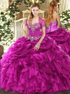 Fuchsia Lace Up Quince Ball Gowns Beading and Ruffles and Pick Ups Sleeveless Floor Length