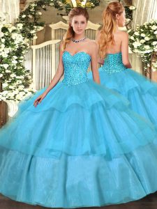 Luxurious Aqua Blue Quinceanera Gown Military Ball and Sweet 16 and Quinceanera with Beading and Ruffled Layers Sweetheart Sleeveless Lace Up