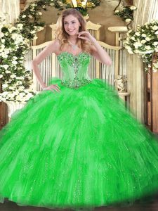 Beading and Ruffles Sweet 16 Dress Green Lace Up Sleeveless Floor Length