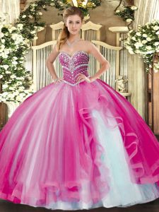 Spectacular Fuchsia Tulle Lace Up Quinceanera Gown Sleeveless Floor Length Beading and Ruffles