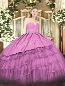 Fuchsia Sleeveless Beading and Lace and Embroidery and Ruffled Layers Floor Length Vestidos de Quinceanera