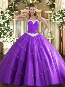 Lavender Lace Up Vestidos de Quinceanera Appliques Sleeveless Floor Length